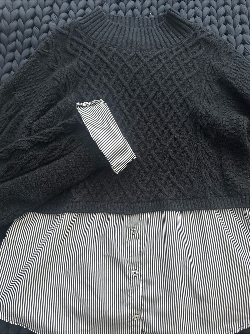 Maeve Anthropologie Navy Mock Neck Knit Sweater with Faux Button Up